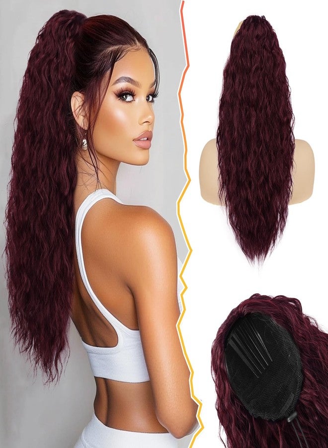 BARSDAR 22 Inch Burgundy Curly Drawstring Ponytail Extension – Dark Red Comb Clip Ponytail Hairpieces for Women – Curly Wavy Synthetic Bohemian Ponytail Extensions Long Curly Pony Tail Hairpieces - Image 1